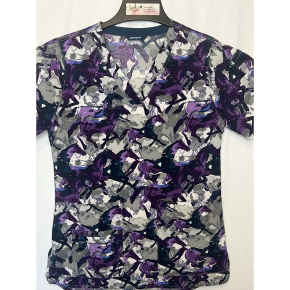 Carhartt Force Women's Size XS Wild Horses Run Scrub Top Purple/Grey/Bluegreen - Picture 2 of 16